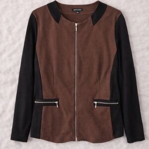 Women’s XL Zip Up Blazer Jacket Brown Black Colorblock Lightweight Work Career